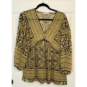 Rose + Olive Floral Yellow & Black Sheer Tunic Top 3/4 Sleeve Peasant Boho (M)